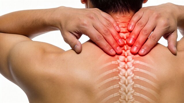 Man suffering from upper back and neck pain with spine highlighted