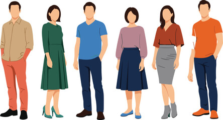 Obraz premium Flat design illustration of six diverse individuals in casual and semi‑formal outfits, symbolizing fashion variety, lifestyle diversity, individuality, and modern style