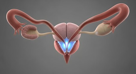 A clean clinical 3D model showing the uterus, fallopian tubes, and ovaries with a glowing blue highlight on the cervix area