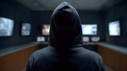 An anonymous hooded figure is seen from behind intently watching multiple screens in a dimly lit control room