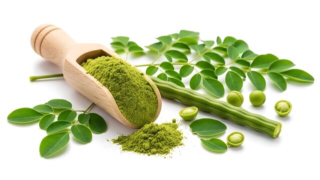 Moringa Powder in Wooden Scoop with Fresh Leaves and Pods on White Background, Superfood Health