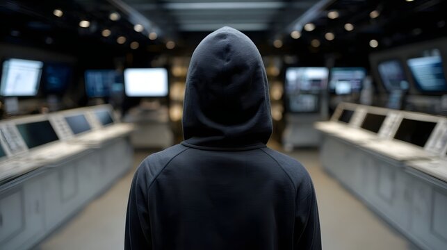 A hooded figure stands facing numerous glowing computer monitors in a dark high tech control room - Powered by Adobe