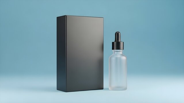 Minimalist presentation of a frosted glass dropper bottle positioned next to a sleek, matte black rectangular product packaging box against a soft, light blue studio background simulating commercial d