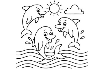 Obraz premium Dolphins Leaping – Kid-Friendly Coloring Book Vector