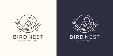 bird's nest illustration with leaf line minimalist. birdhouse symbol logo Vector illustration.