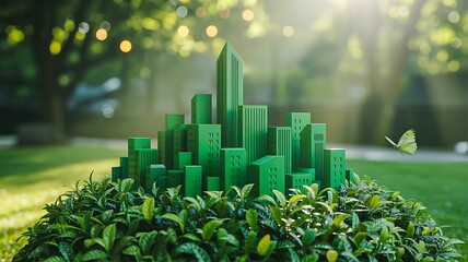 Green eco city model representing sustainable urban development
