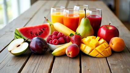 Colorful fruit drinks with ice and fresh berries. Summer beverage concept for menu, advertising and lifestyle design.