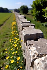 An old, crumbling stone wall bordering a pasture, with yellow wildflowers growing in the cracks.