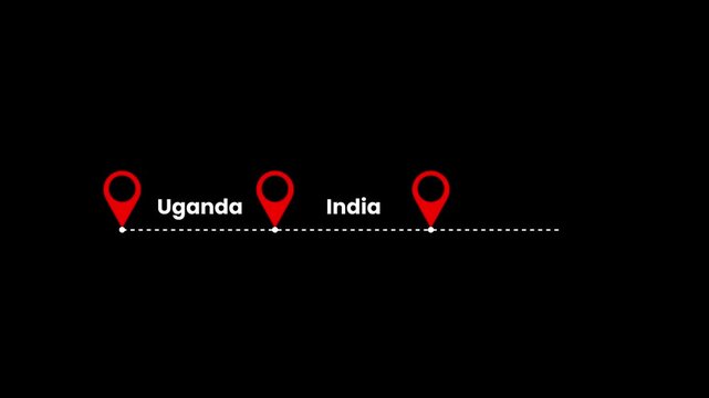 Country route map with connected location pins animation isolated on black background