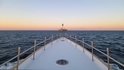 starboard. View from a boat's stern towards a distant lighthouse at golden hour. tourism brochures, itinerary planners, designed for travel destination branding, used by travel agents.