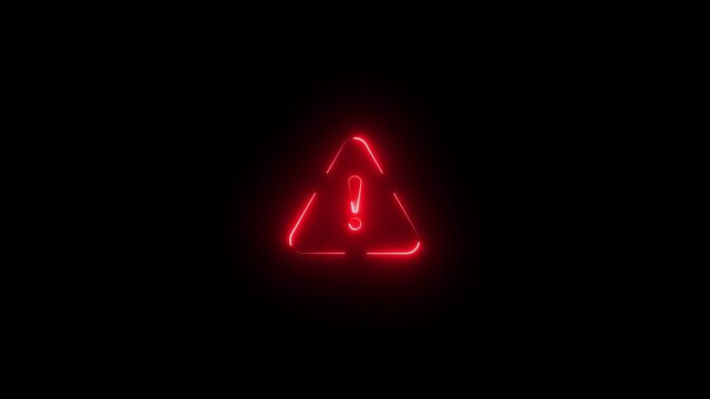 Glowing red neon triangular warning icon animation isolated on black background