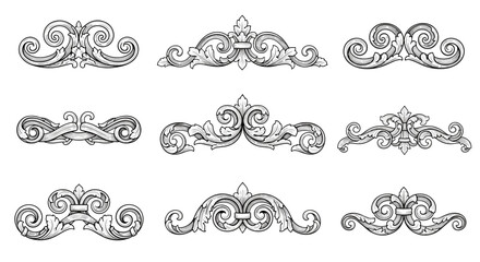 Elegant collection of nine hand-drawn vintage rococo and baroque style decorative ornamental design elements, perfect for classic embellishments.