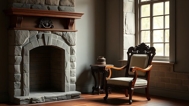 aff. Ornate carved oak armchair beside a stone fireplace with soft window light. real-estate listings, architecture portfolios, designed for architectural facade and classical detail presentations.
