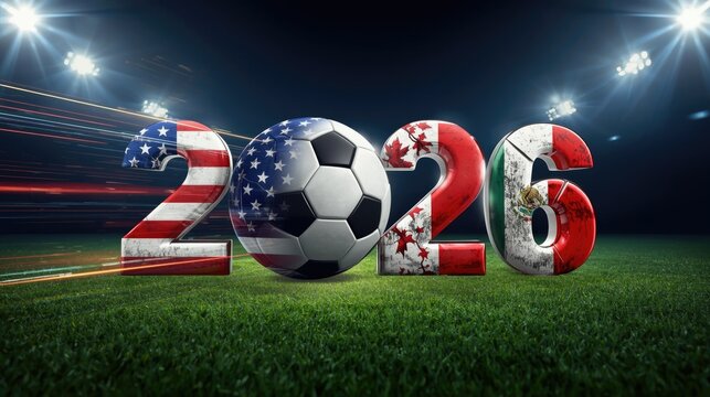 Upcoming FIFA World Cup event in 2026 with soccer ball and flags of USA, Canada, and Mexico
