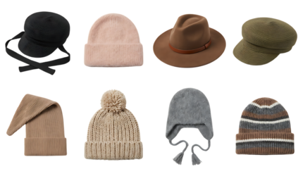 Collection of various hats and beanies for men and women fashion accessories