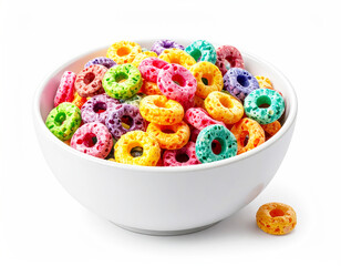 Bowl of cereal rings, white studio background, closeup. AI