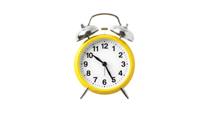 Yellow alarm clock with white face and silver bells on white background