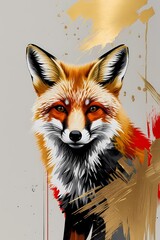 Fuchs vor einem wei&szlig;en Hintergrund mit Gold und Rot