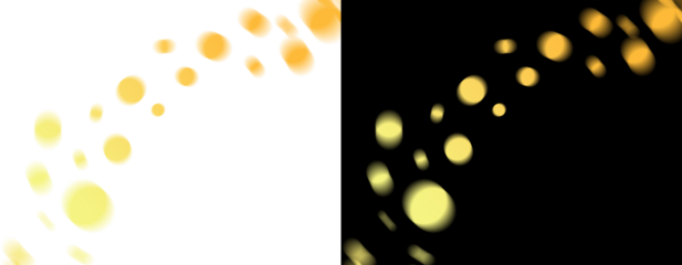 Golden bokeh dots light leak overlay forming curved particle trail for festive photo and video effects on transparent or dark background