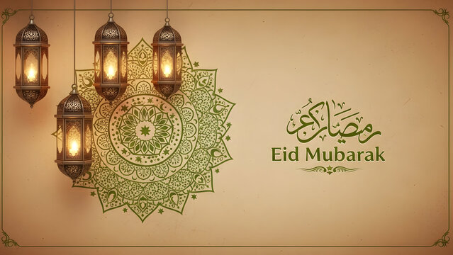Eid mubarak greeting with lanterns and arabic calligraphy