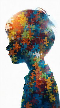 A silhouette of a child's head filled with vibrant colorful jigsaw puzzle pieces. Conceptual animation for mental health awareness, autism support, child psychology, and education.