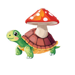 A cartoon turtle with a mushroom on its back is walking happily in transparent background 