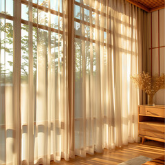 Minimalist bedroom with sheer curtains and large bay window, golden hour sunlight casting long shadows, neutral-toned bed linens, a single dried floral arrangement on the nightstand, warm and peaceful