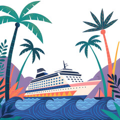 Obraz premium Stylized Tropical Travel Illustration with Cruise Ship