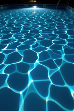 The surface of a swimming pool at night, illuminated by underwater lights, creating dancing electric blue patterns.