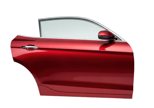 a dynamic medium shot of a high-end modern automobile door assembly, finished in saturated candy apple red metallic paint, sleek chrome handle, on a transparent studio background. concept of luxury