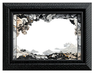 Textured frame reveals chaotic collage landscape of debris, mountains, and water