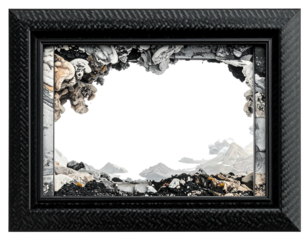 Textured frame reveals chaotic collage landscape of debris, mountains, and water