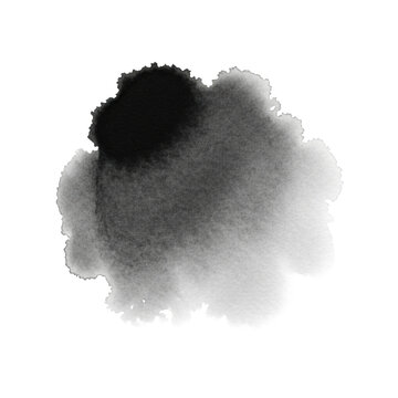 Ultra-realistic flat lay photograph of a standalone abstract black watercolor spot with granular texture and varying grayscale saturation, isolated on transparent background. Concept for high-end