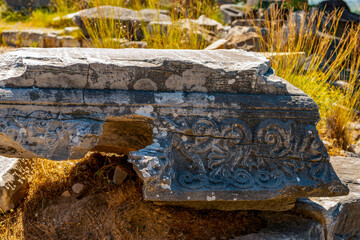 Ruins of the ancient city of Priene, Turkey. The Temple of Athena Polias in Priene  an Ionic Order temple located northwest of  agora, inside the sanctuary complex. It was dedicated to Athena Polias, 