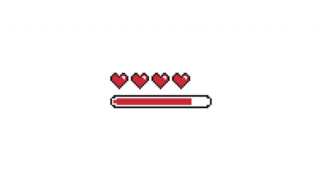 4K Retro Pixel Art Health Bar Animation with Heart Icons Decreasing from Five to Four Life Points on transparent background