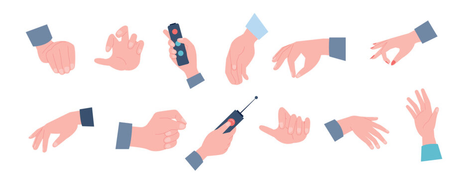 Human hands different postures. Flat hand poses, male female arms point, hold, press, extend. Person body parts, elements for design, vector set