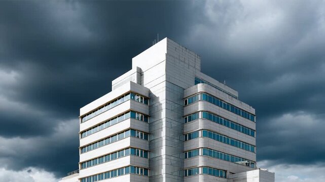 Modern Skyscraper and Dark Sky: The imposing architecture of a modern skyscraper rises against the backdrop of a dramatic, overcast sky.