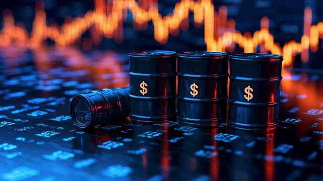 Oil barrels and stock market data show the rise and fall of oil prices in real time