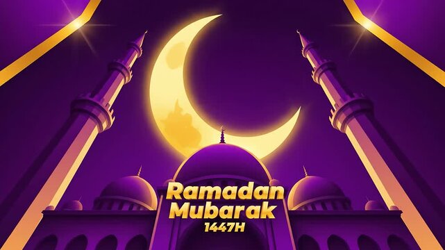 Ramadan Mubarak 1447H greeting illustration featuring a majestic mosque with tall minarets under a giant golden crescent moon and vibrant purple night sky