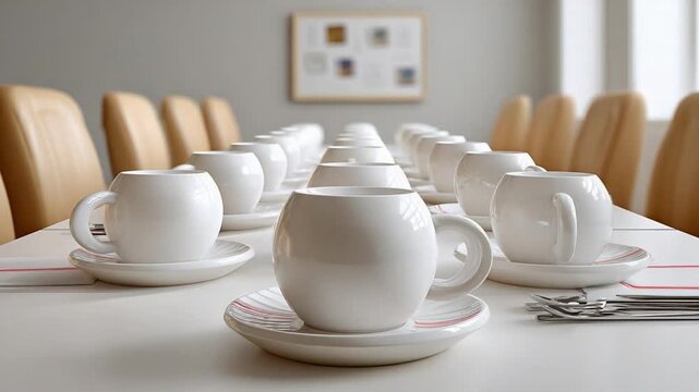 Aligned Porcelain: A perfect presentation of white porcelain tea cups and saucers in a symmetrical row, the image represents a sense of order and readiness.