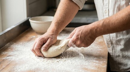 Professional baker kneading fresh bread dough on a floured wooden kitchen table