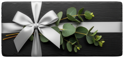 Silver Ribbon png Elegant Bow cutout Green Eucalyptus png Dark Slate cutout Wrapped Present png Decorative Leaf cutout Gift Decoration png Rustic Board cutout isolated transparent background image