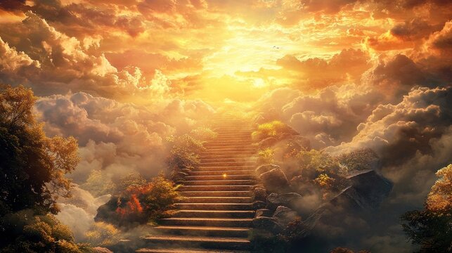 A dreamlike landscape of rolling clouds and golden light with a staircase leading upward symbolizing heaven
