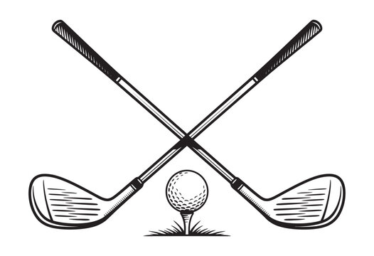 Crossed golf clubs vector icon, ball on tee silhouette, sports illustration, golf equipment graphic, minimal design for logo, branding, and vector projects