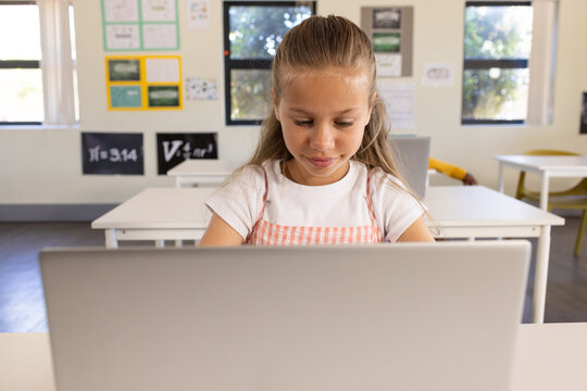 Classroom peers school-age girl in pink pinafore working on laptop at school near charts