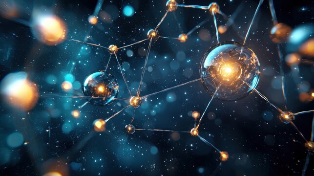 A conceptual 3D illustration of krypton gas atoms floating in space, with glowing orbs and elemental symbols