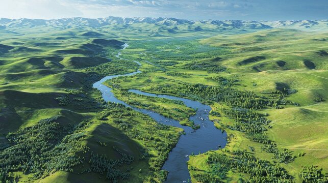 A digital map highlighting influent streams feeding into a major watershed surrounded by rolling hills