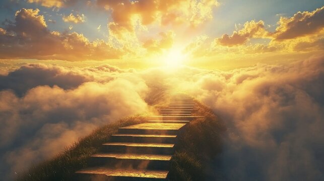 A dreamlike landscape of rolling clouds and golden light with a staircase leading upward symbolizing heaven