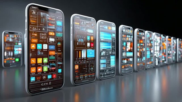 Evolution of the Digital Interface: A striking representation of technological advancement, showcasing a series of smartphones displaying the evolution of their interfaces.