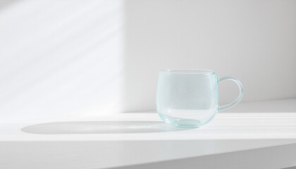 Fototapeta premium 木のテーブルに置かれたガラスのグラスと自然光が差し込む背景（コピースペース付き） Glass Cup on Wooden Table with Natural Light Background (Copy Space) 